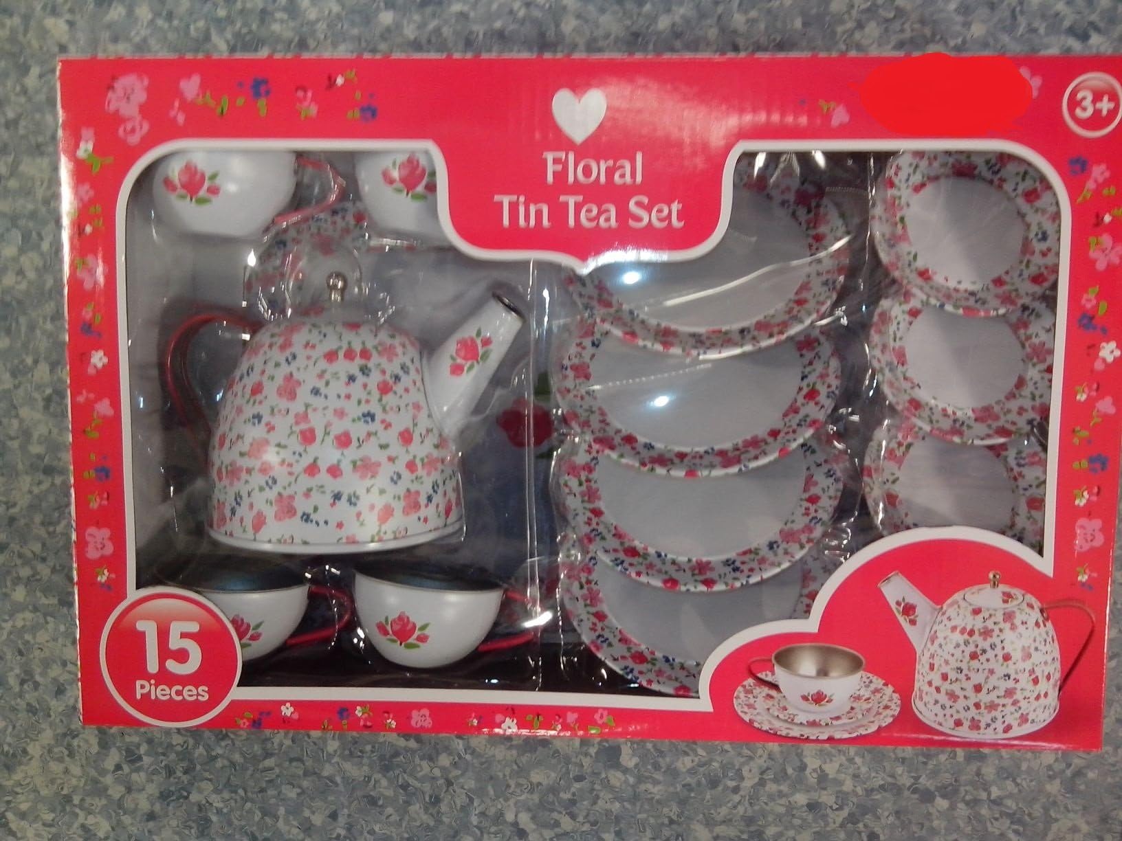 Brand new 15 piece tin tea set "RED/WHITE FLORAL" for kids from 3 years old (EXCLUSIVE)