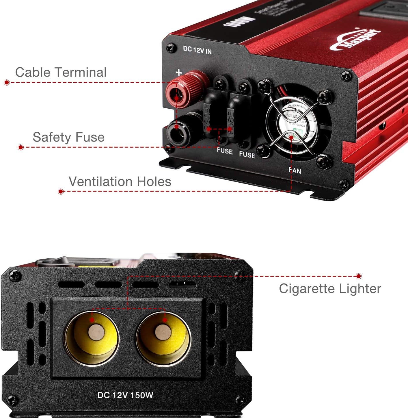 Maxpart 1000W Power Inverter Truck/RV Inverter 12V DC to 110V AC Converter with Dual AC Outlets 2.4A USB and Dual 12V Car Cigarette Lighter Modified Wave Inverter: Car Electronics
