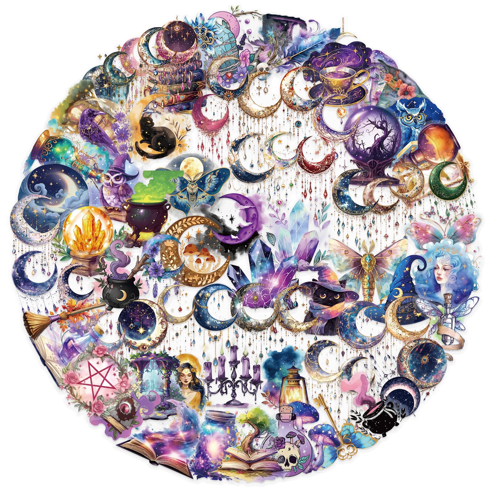 Photo 1 of 100PCS Cute Magic Moon Transparent Stickers Pack,Magical Witchcraft Sticker with Crystals,Witches,Owls, Potions,Cauldrons,Waterproof Vinyl PET Dreamcatcher Stickers for Scrapbook Party Favors