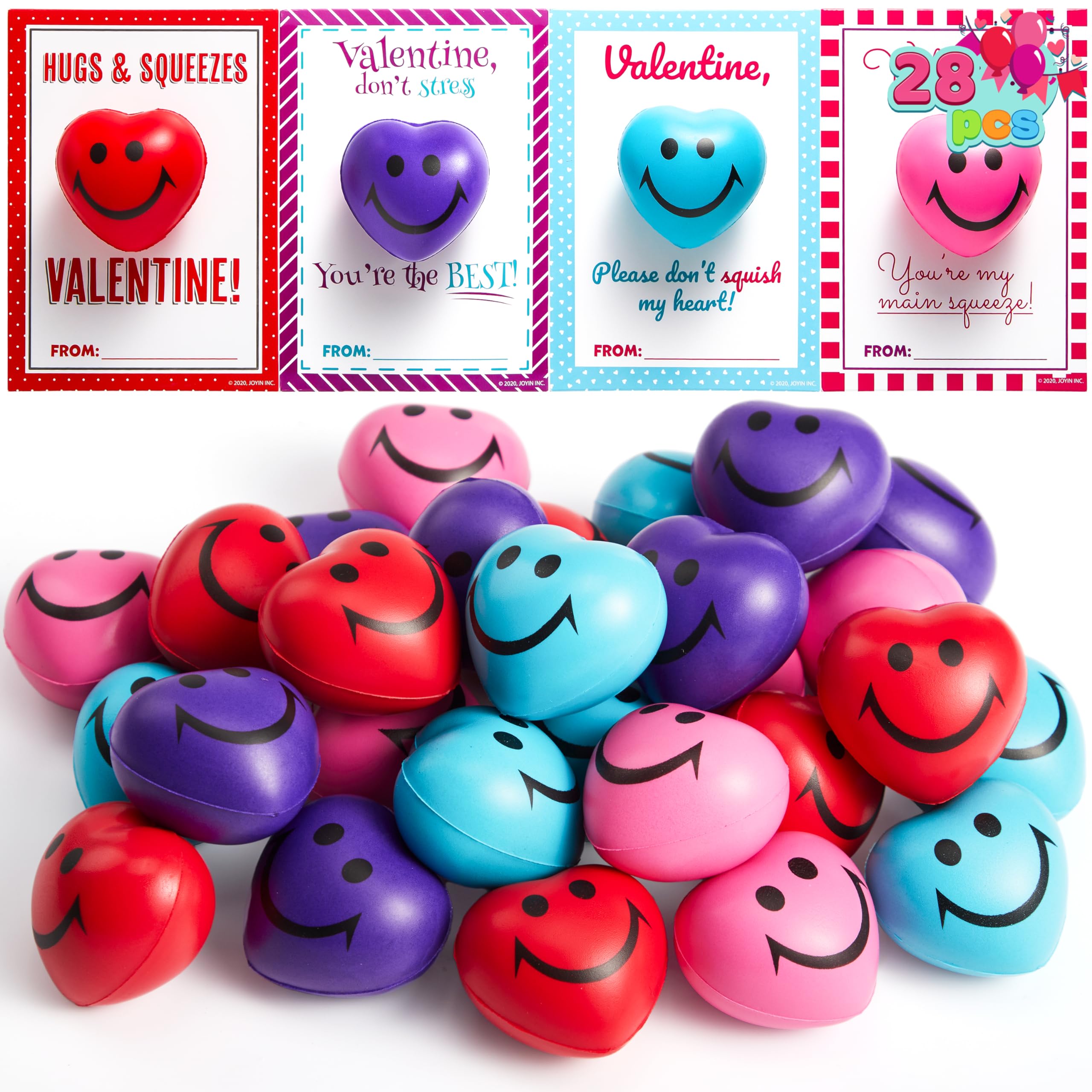 JOYIN 28 Packs Heart Shape Stress Ball with Cards Stress Relief Fidget Toy for Valentine Party Favors, Classroom Prize Supplies, Valentine’s Greeting Cards, Valentine Exchange Gifts