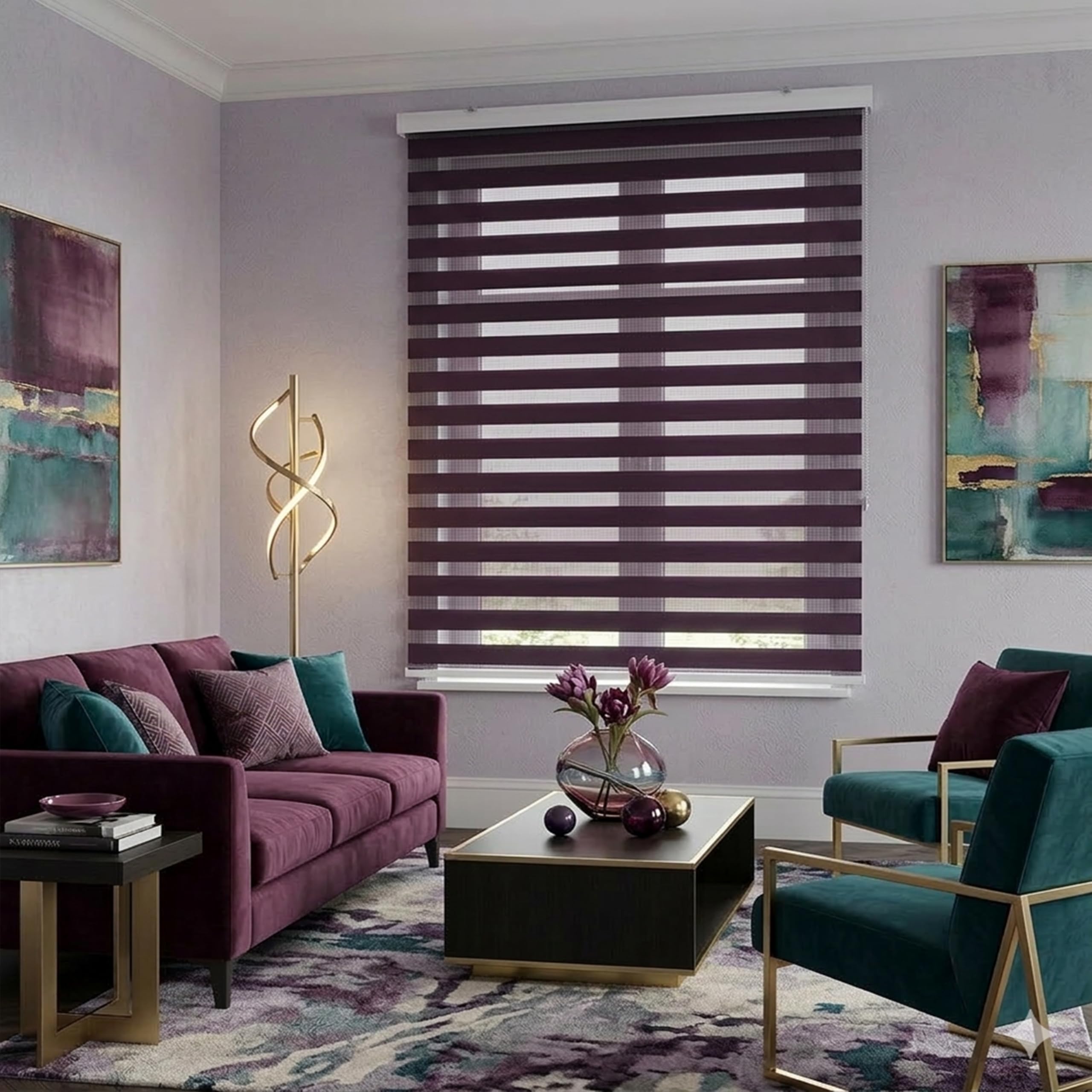Blindecor - Lira Luxury Double layered roller blind, Night and Day, Violet, 120x180cm (width x length)