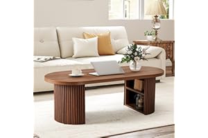RUSTYER Oval Fluted Coffee Table, 47" Farmhouse Wood Coffee Table Mid Century Modern Center Table Boho Living Room Tables for Living Room Office,Walnut