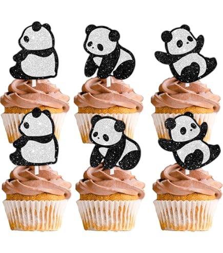 18pcs Dessert Cupcake Topper Animal Panda Theme Decor Supplies Baby Shower Boys Girls Happy Birthday Party Decorations Black White Glitter