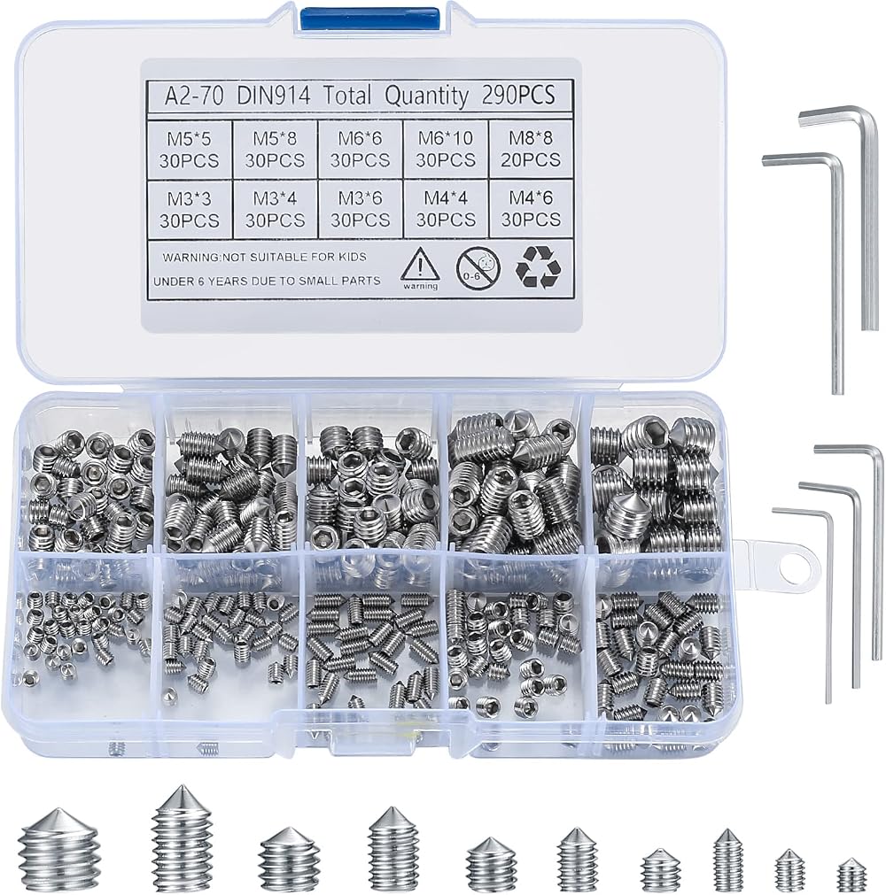 Xiaomoyu 290 Pcs Cone Cup Point Grub Screws M3-M8 with Allen Keys Stainless