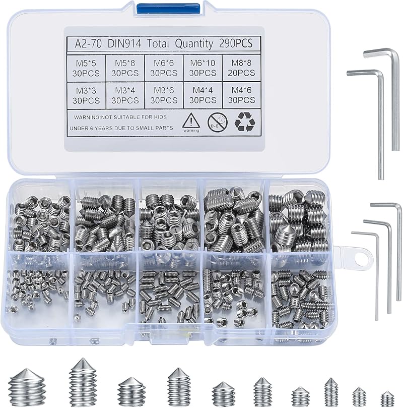 Xiaomoyu 290 Pcs Cone Cup Point Grub Screws M3-M8 with Allen Keys Stainless