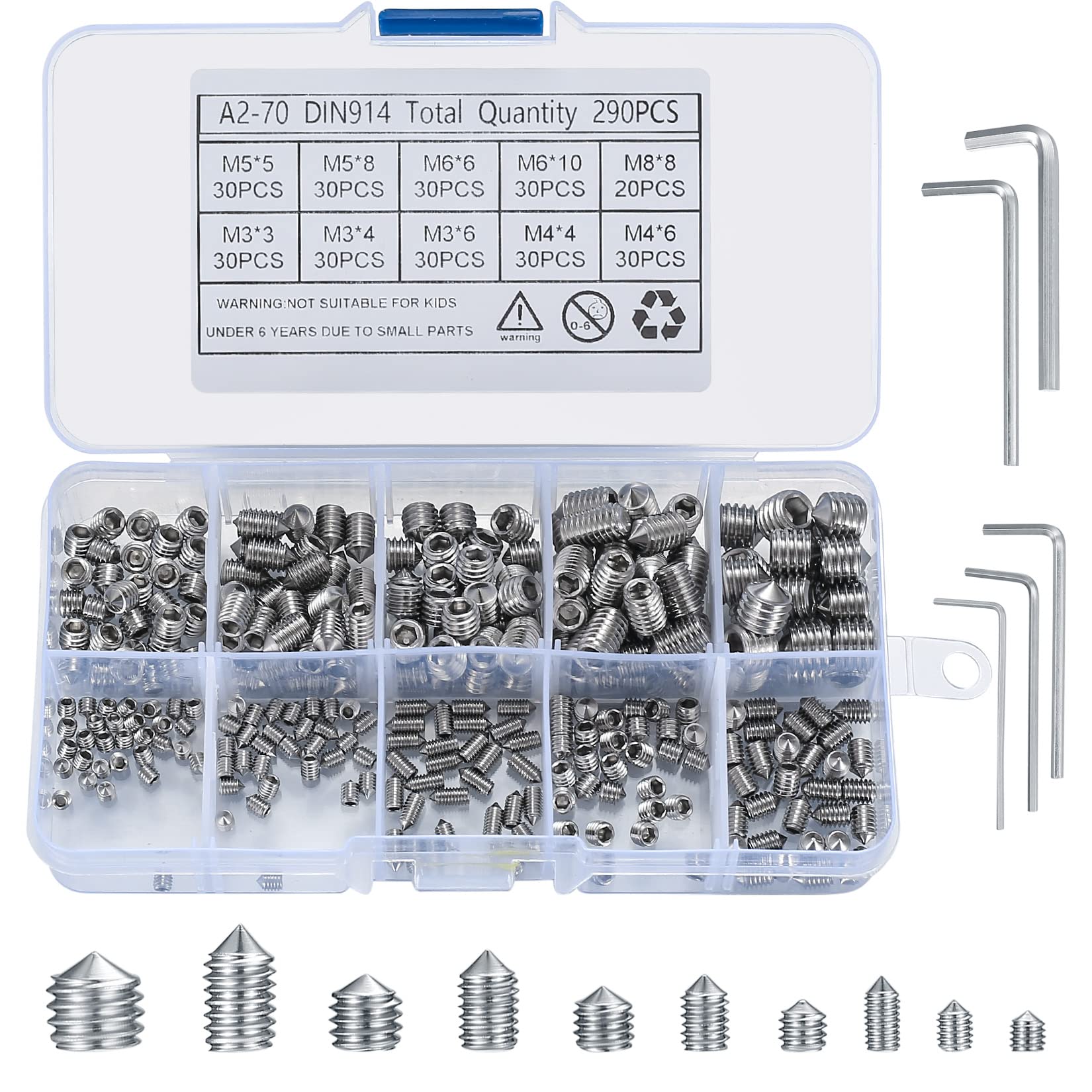 290 Pcs Cone Cup Point Grub Screws, M3/M4/M5/M6/M8 Hex Head Socket Screws Set Assorted, Mixed Stainless Steel Metric Threads with Internal Hex Drive for Door Handles, with 5 Pcs Allen Key