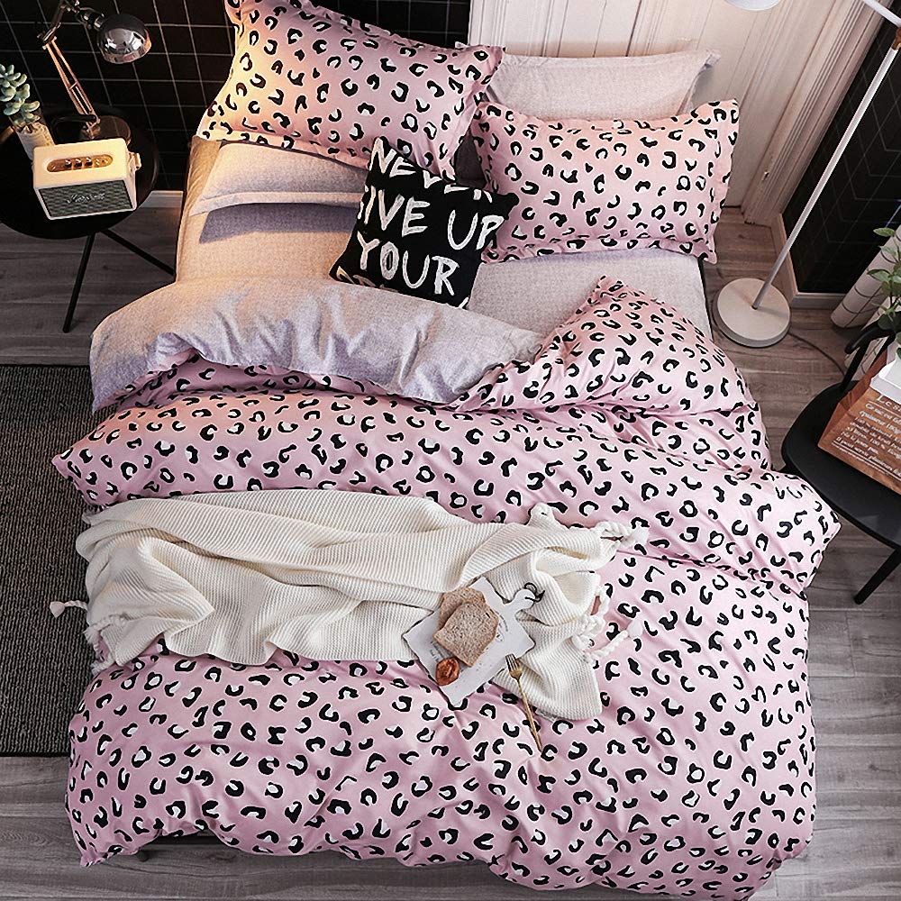 JQWUPUP Cute Leopard Duvet Cover Set Single, 3 Pcs Soft Bedding Set with Zipper for Teens Kids Boys, Girls Adult Women, Durable Reversible Microfiber (Single, Pink)