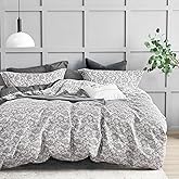 LEMIROE Vintage 100% Cotton Duvet Cover King Size,Grey & Taupe Paisley Floral Patterns on Grey, Luxurious Reversible Gray Bed Sets 3Pcs,Button Closure