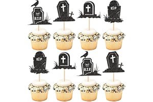Ercadio 24PCS Halloween Tombstone Cupcake Toppers Glitter Black RIP Cemetery Graves Crow Cross Cupcake Picks for Halloween Theme Birthday Party Cake Decorations Supplies