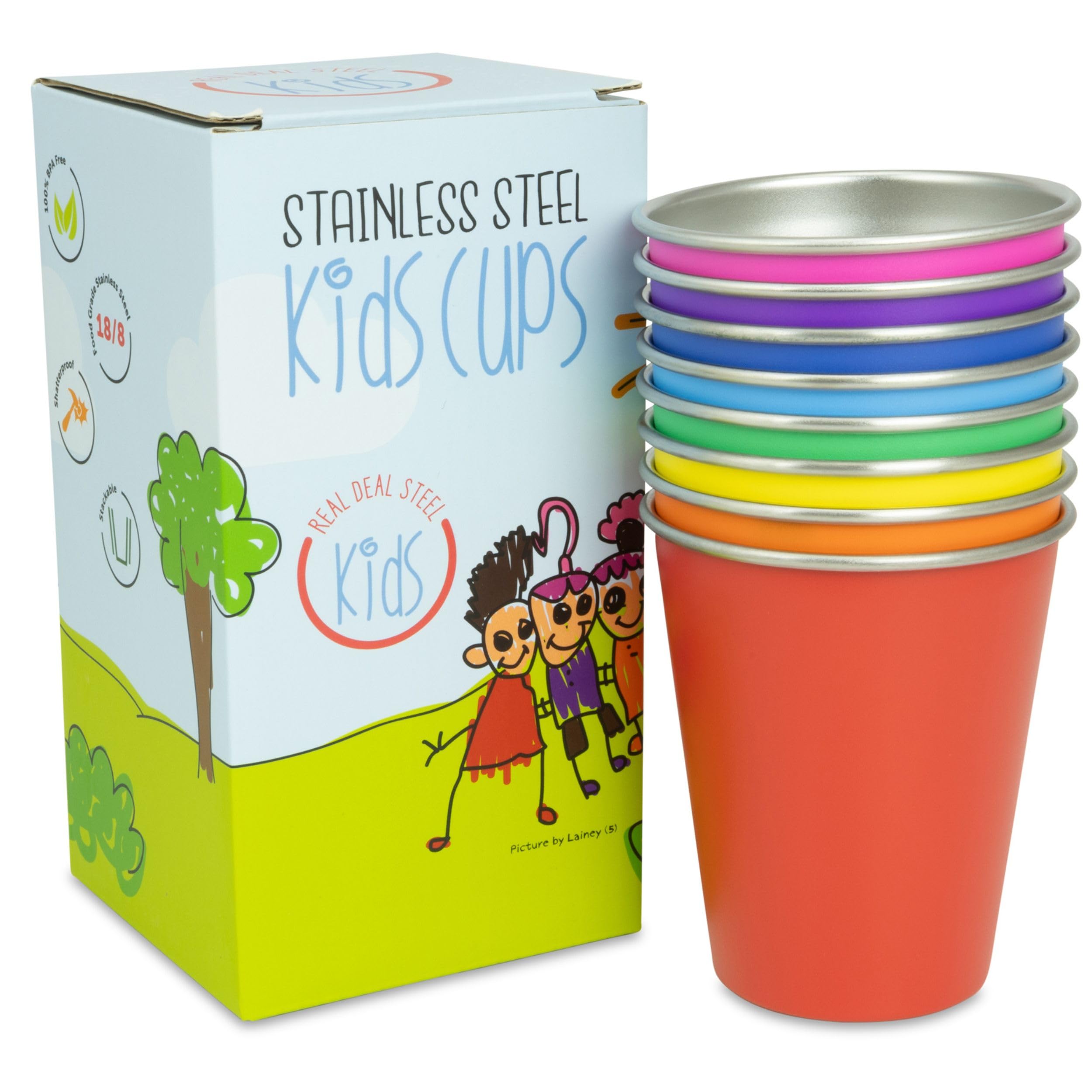Photo 1 of Stainless Steel Kids Cups - Set of 8 Rainbow Colored Metal Cups for Children and Toddlers, Premium 10 oz Drinking Glasses in Fun Colors, BPA Free, Unbreakable (Rainbow (8 Pack))