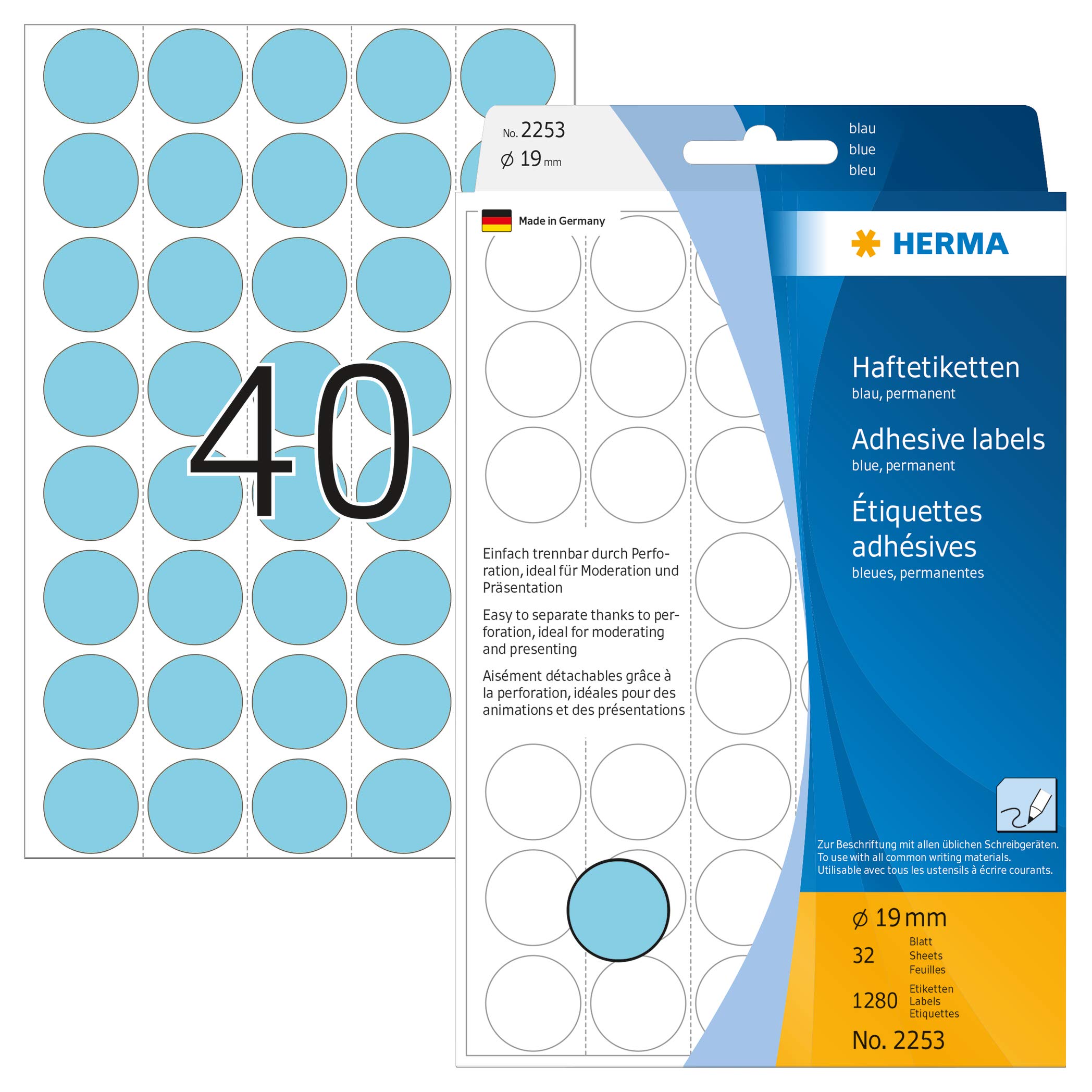 HERMA Dot Stickers Blue, 1280 Labels, Ø 19 mm, 40 Labels per Sheet, Self-Adhesive Perforated Round Stickers for Color Coding Calendar