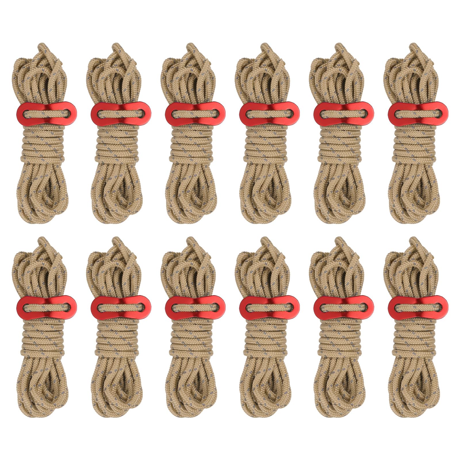 PATIKIL 4mm Tent Rope, 12 Pack 13ft Reflective Guyline Cord Tied Downs Rope Paracord Cord Camping Ropes with Red Aluminum Cord Adjusters for Camping Hiking Tent, Tan