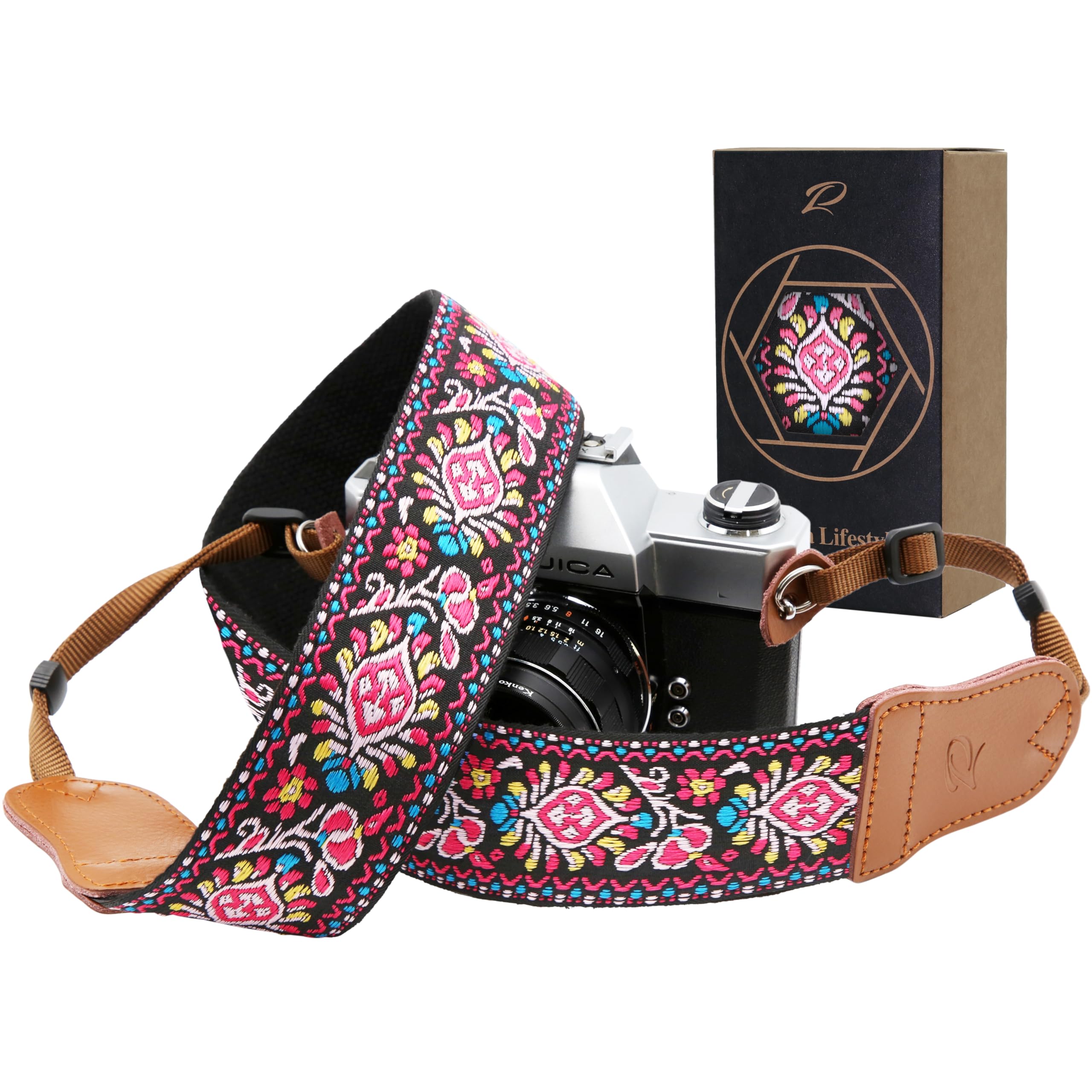 Photo 1 of Padwa Lifestyle Pink Vintage Embroidered Camera Strap - 2" Wide Cowhide Head Camera Straps,Cotton Woven Adjustable Shoulder & Neck Strap for All DSLR Cameras,Great Gift for Men&Women Photographers