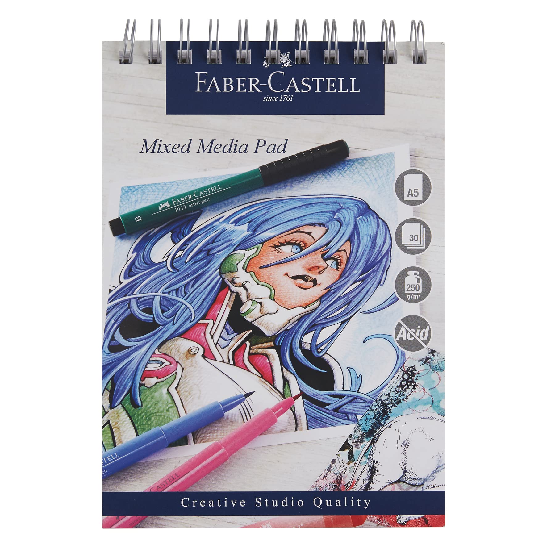 Faber-Castell Creative Studio Mixed Media Pad, A5, Spiral Bound Paper, 250 GSM, 30 Sheets, for All Media, Acrylic, Watercolour Paint and Pencils, Pastel, Charcoal, Graphite, Art, Craft, Home, School