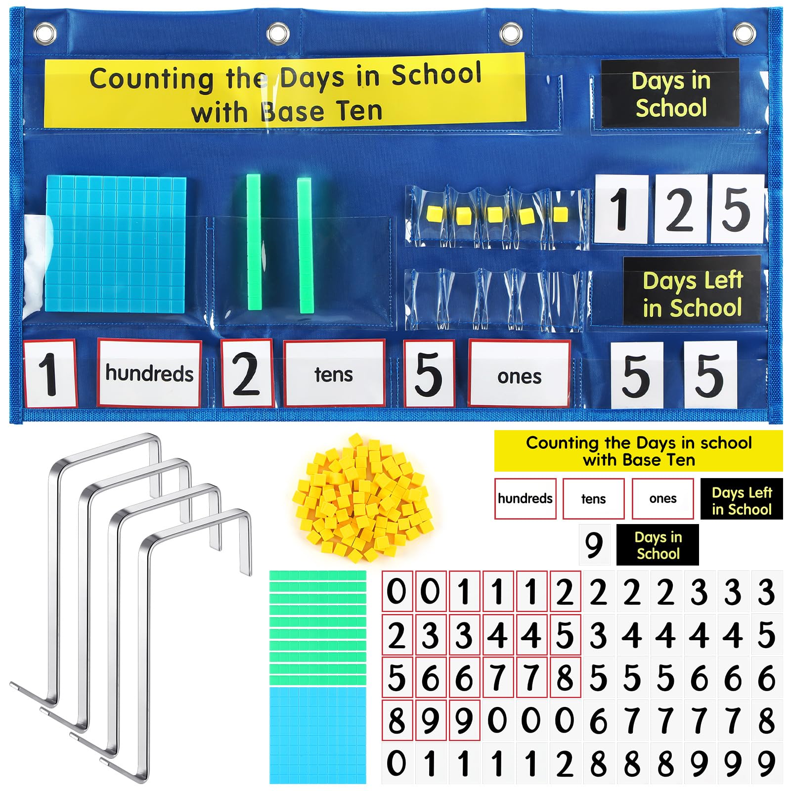Photo 1 of Resurhang Back to School Counting The Days with Base Ten Pocket Chart Place Value, Counting Caddie Pocket Chart for Classroom Bulletin Board School or Home Decor, 4 Hooks(Blue,Classic Style)