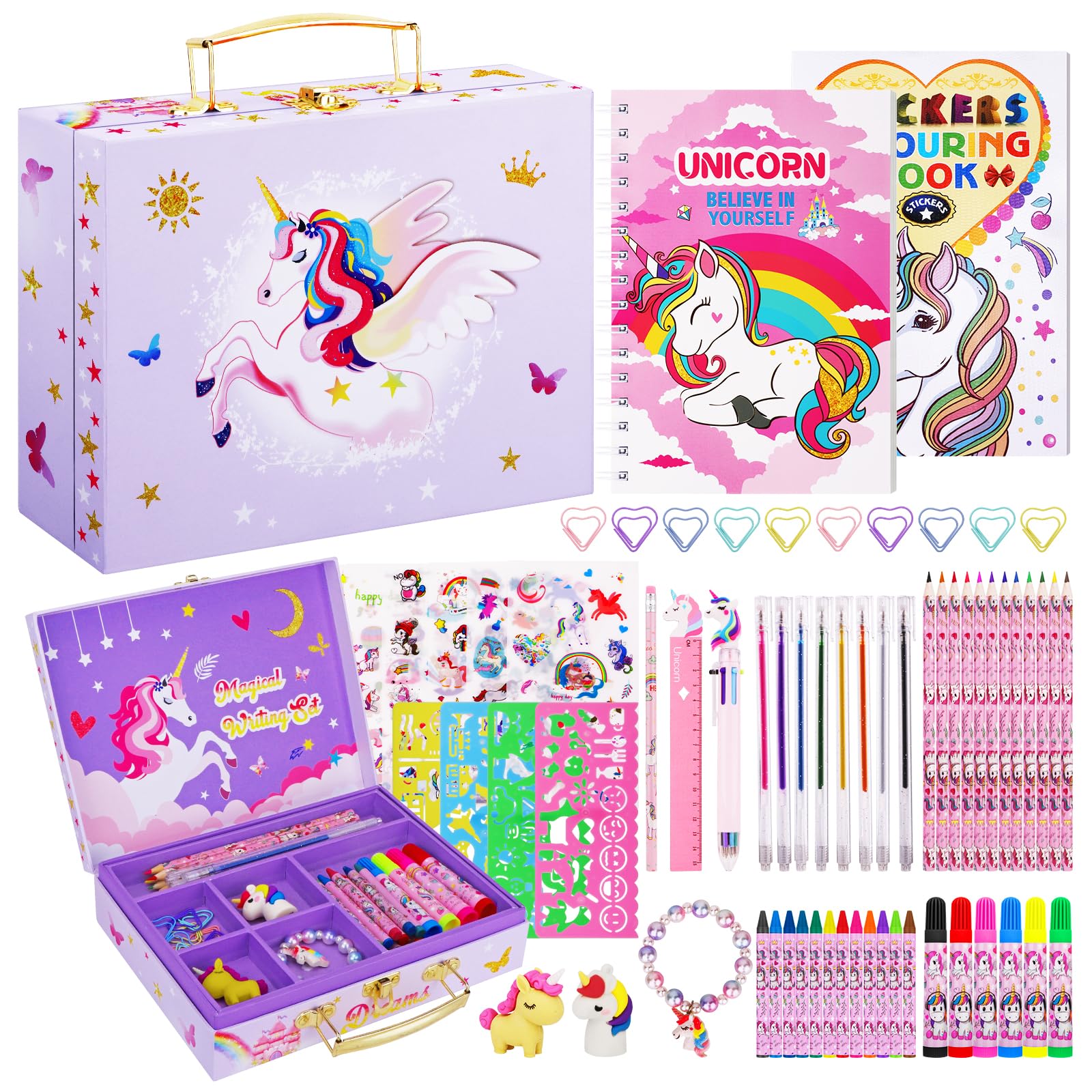 TCJJ 66 Pcs Unicorn Kids Colouring Sets for Girls, Art Supplies Drawing Sets with Unicorn Storage Box,Arts and Crafts for Kids Age 6-12,Unicorns Gifts for Girls,Birthday,Christmas Gifts