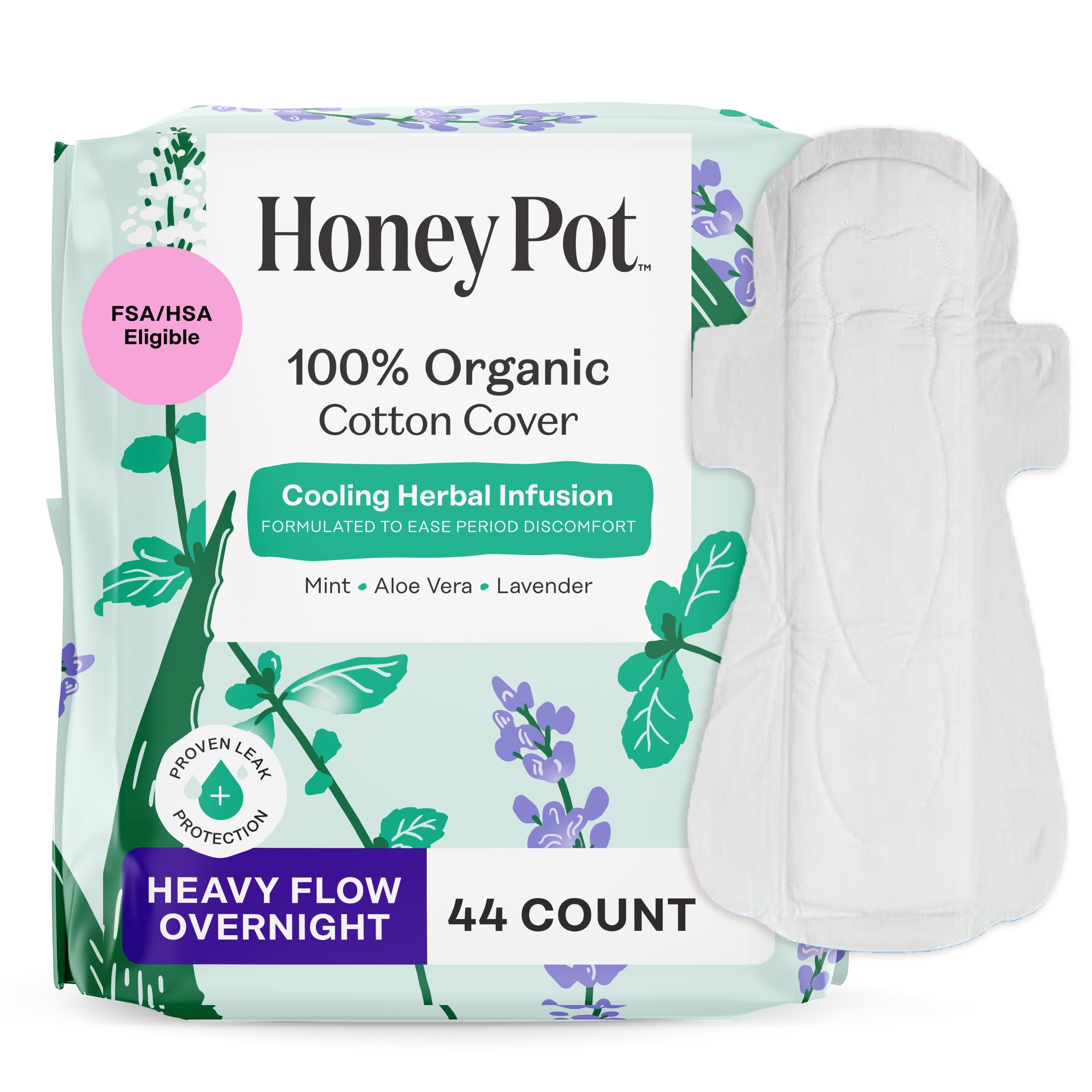 The Honey Pot Company - 44ct - Herbal Sanitary Pads for Women - Heavy Flow Overnight w/Wings - Infused w/Essential Oils for Cooling Effect & Organic Cotton Cover - Feminine Care Image