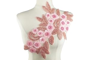 YOOGCORETT 1 PC Pink Lace Beaded Sequins Flower Applique Sew on Embroidered Lace Patch Applique Decor for Clothing Wedding Dress Decoration DIY Sewing Craft 13.4"x 9.4"Inch