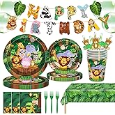 146Pcs Jungle Wild Animal Plates and Napkins Jungle Safari Party Supplies Includes Plates, Napkin, Fork, Cup, Straw, Tablecloth, Banner for Woodland Baby Shower Birthday Party Decorations, Serves 24