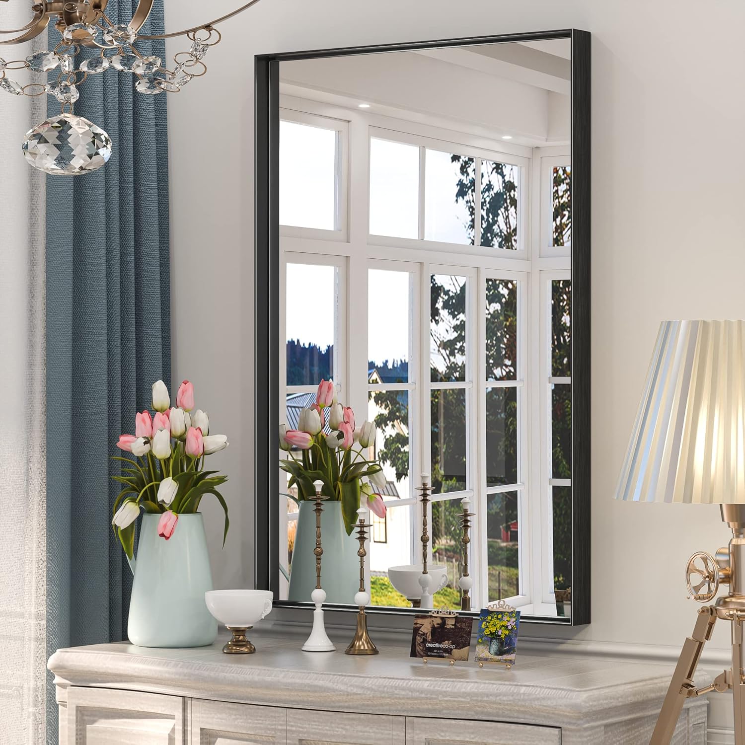 Mirrors - Keonjinn Black Bathroom Mirror 24 x 36 Inch Rectangular Wall Mirror Matte Black Bathroom Mirror Metal Frame Farmhouse Mirror, Modern Rectangle Mirror with Aluminum Alloy Frame(Horizontal/Vertical)