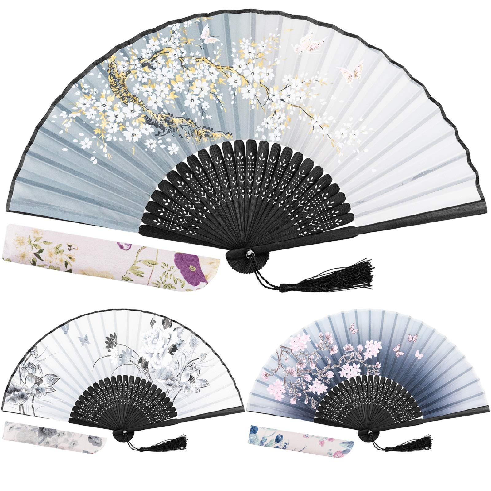 EAONE 3 Pcs Hand Folding Fan, Chinese Vintage Style Handheld Fan with Fabric Sleeve, Silk Fan with Bamboo Frame and Elegant Tassel for Party Wedding Dancing Decoration