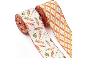 Bllavie 2 Rolls Easter Fabric Ribbon Spring Wired Edge Ribbons，Orange Carrot Yellow Plaid Ribbon for Spring Party Gift Wrappi