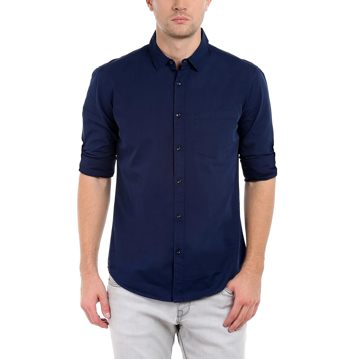 dennis lingo men's cotton navyblue solid casual shirt