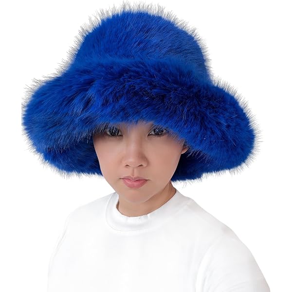 Women\'s Royal Blue Oversized Winter Long Pile Fur Wide Moldable Brim Warmer Cap Royal Blue Chinchilla Rex Fur Brim Hat - A.J. Ugent Furs % main image 3