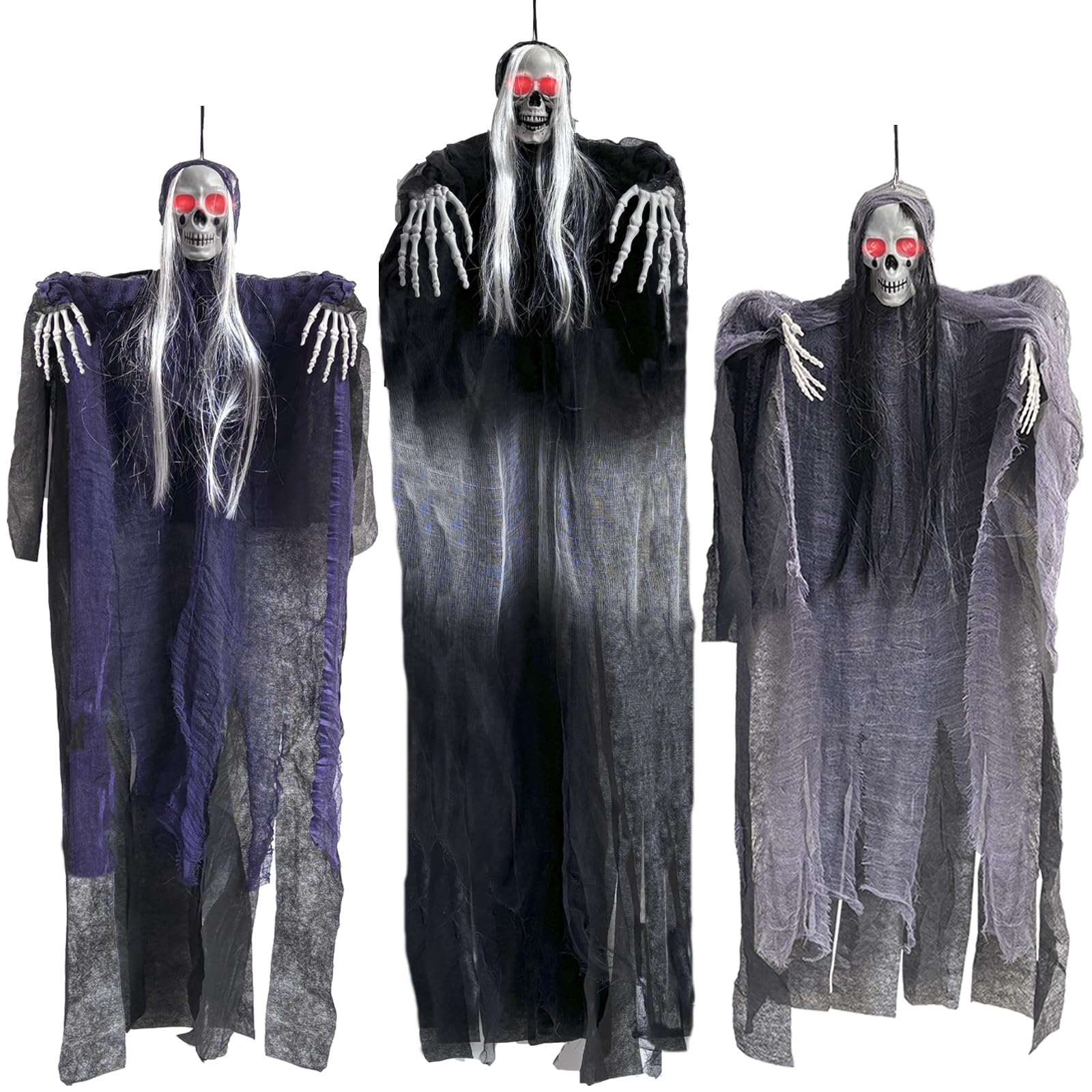 3 PCS Halloween Hanging Ghost Decor,LED Light Flashing Red Eyes Hanging Grim Reaper Yard Decorations,Spooky Skeleton Ghosts for Haunted Houses & Garden Decor,Scary Indoor Outdoor Horror