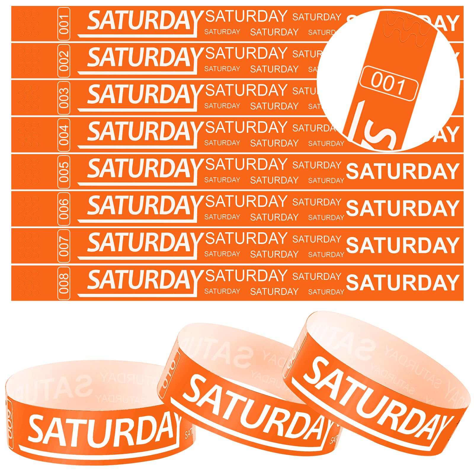 Photo 1 of Henoyso 600 Pcs Saturday Paper Wristbands Event Admission Paper Bracelets Numbered Waterproof Party Armbands for Events Day of The Week(Orange)