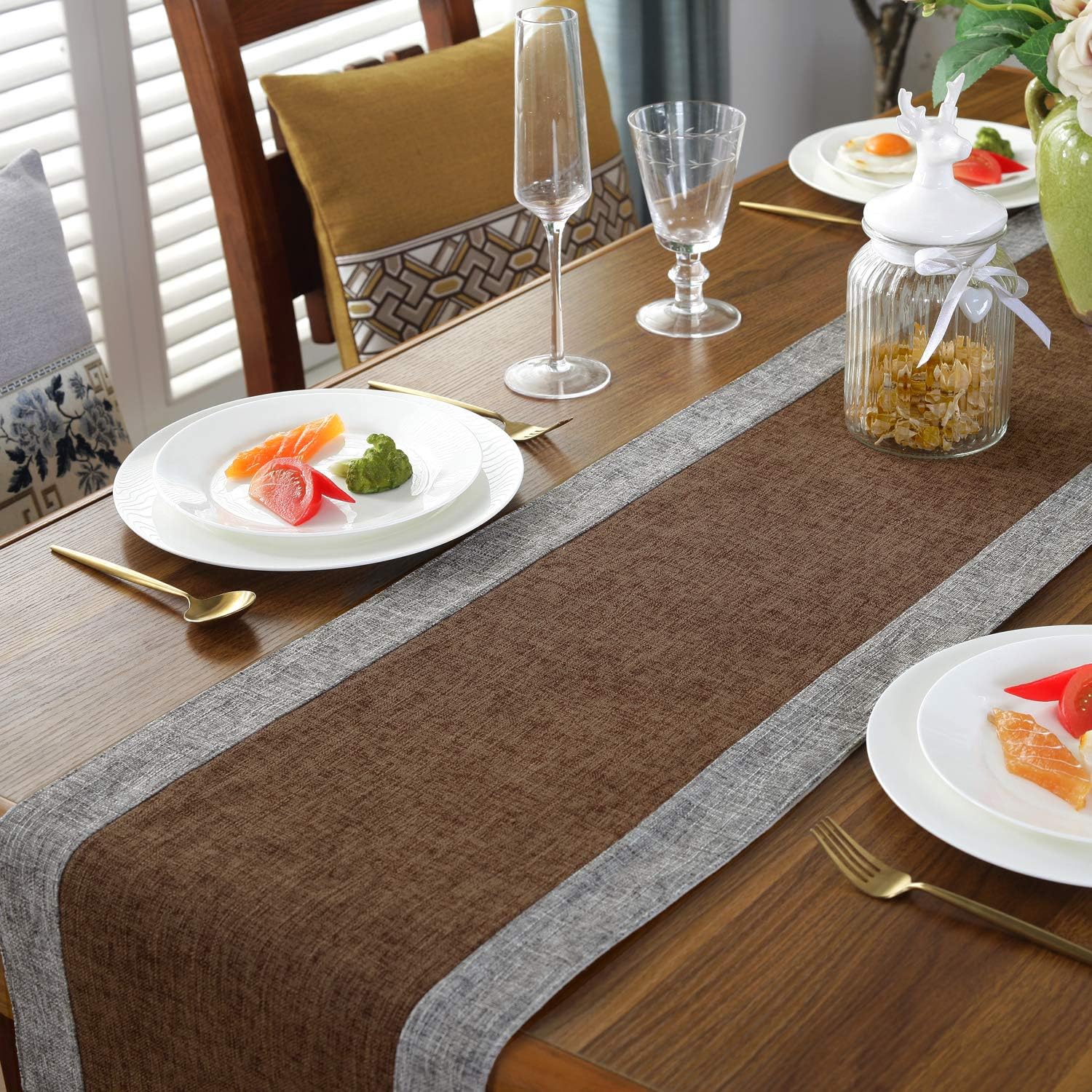 joybest Dining Table Runner 13 x 108 inch, Striped Cotton Linen Rustic Table Runners with Tassels for Family Dinner, Wedding Party Holiday Decorations, Farmhouse, Thanksgiving&Christmas, Coffee: Home & Kitchen