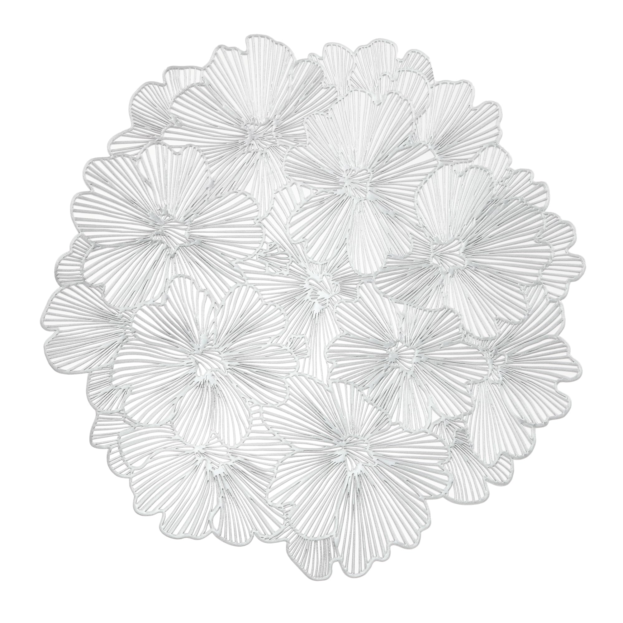 fanquare Silver Round Placemats 6 Pcs, Pressed Vinyl Round Table Mats for Dinner Table, Hollow Ginkgo Place Mats Holiday Christmas Wedding Accent Centrepiece