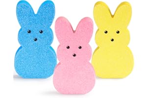 AKEROCK Easter Decor, 3 Pcs Glittery Easter Wooden Signs for Tiered Tray/Mantel/Table Decorations, Style of Peeps with 3D Eyes