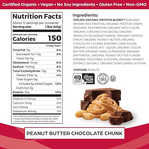 ORGAIN ORGANIC VEGAN PROTEIN BARS, PEANUT BUTTER CHOCOLATE CHUNK – 10G PLANT BASED PROTEIN, LOW CALORIE HEALTHY SNACKS, NO LACTOSE OR SOY INGREDIENTS, GLUTEN FREE, NON-GMO – 1.41 OZ (PACK OF 12)