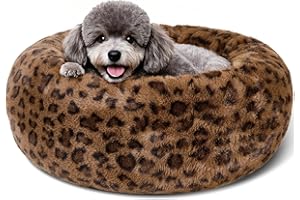 KIMPETS Dog Calming Beds for Small Medium Large Dogs - Round Donut Washable Puppy Dog Bed, Anti-Slip Faux Fur Fluffy Donut Cuddle Anxiety Cat Pet Bed (20" Leopard Print)