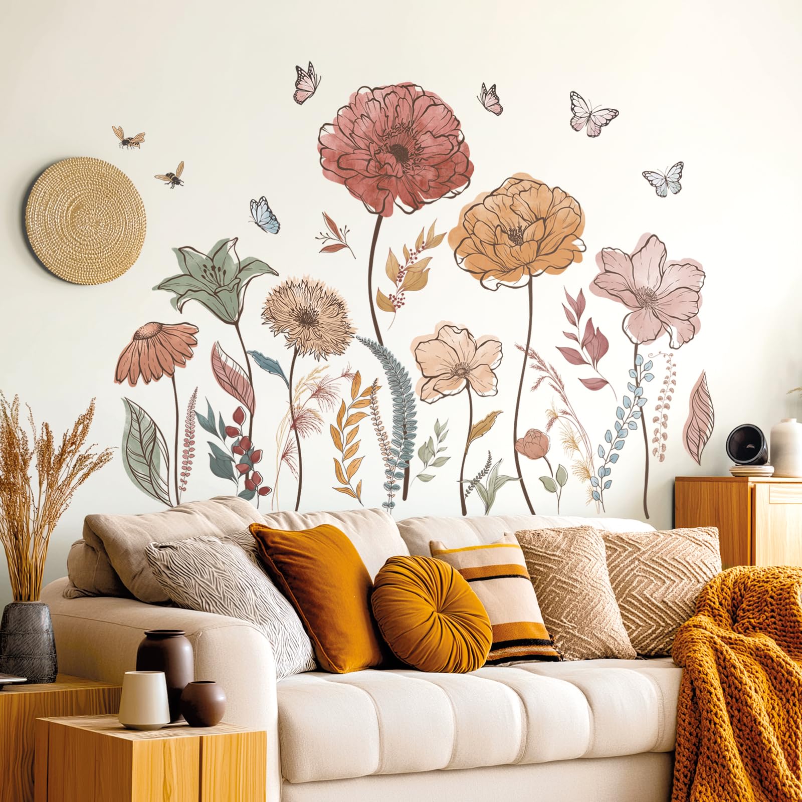 DECOWALL Boho Wildflower Wall Stickers – Floral Peel and Stick Wall Decals for Living Room, Bedroom, Nursery, Office & Home Décor (SG2-2420)