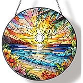 RVEAFA Beach Sunset Sun Catcher Stained Glass Window Hanging Beach Lovers Gifts for Women Wall Decor Landscape Decoration for Home Garden Housewarming Gifts