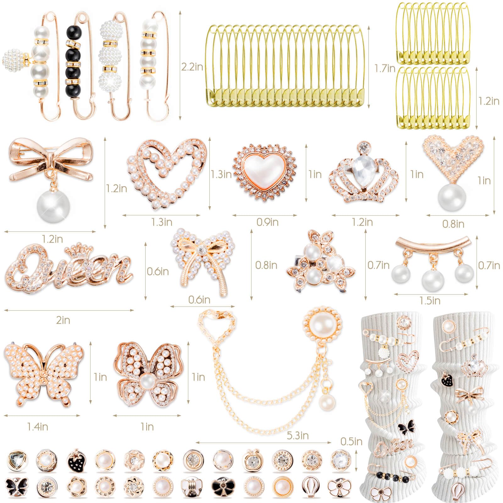 RQAYE 80pcs Junk Socks Charms Kit, Brooches and Pins for Women,Gold Shoe Charms,Shoe Charms for Sneakers, Safety Pin,Sock Charms Kit Bulk for Hat Clothes，Sock Jewelry Charms