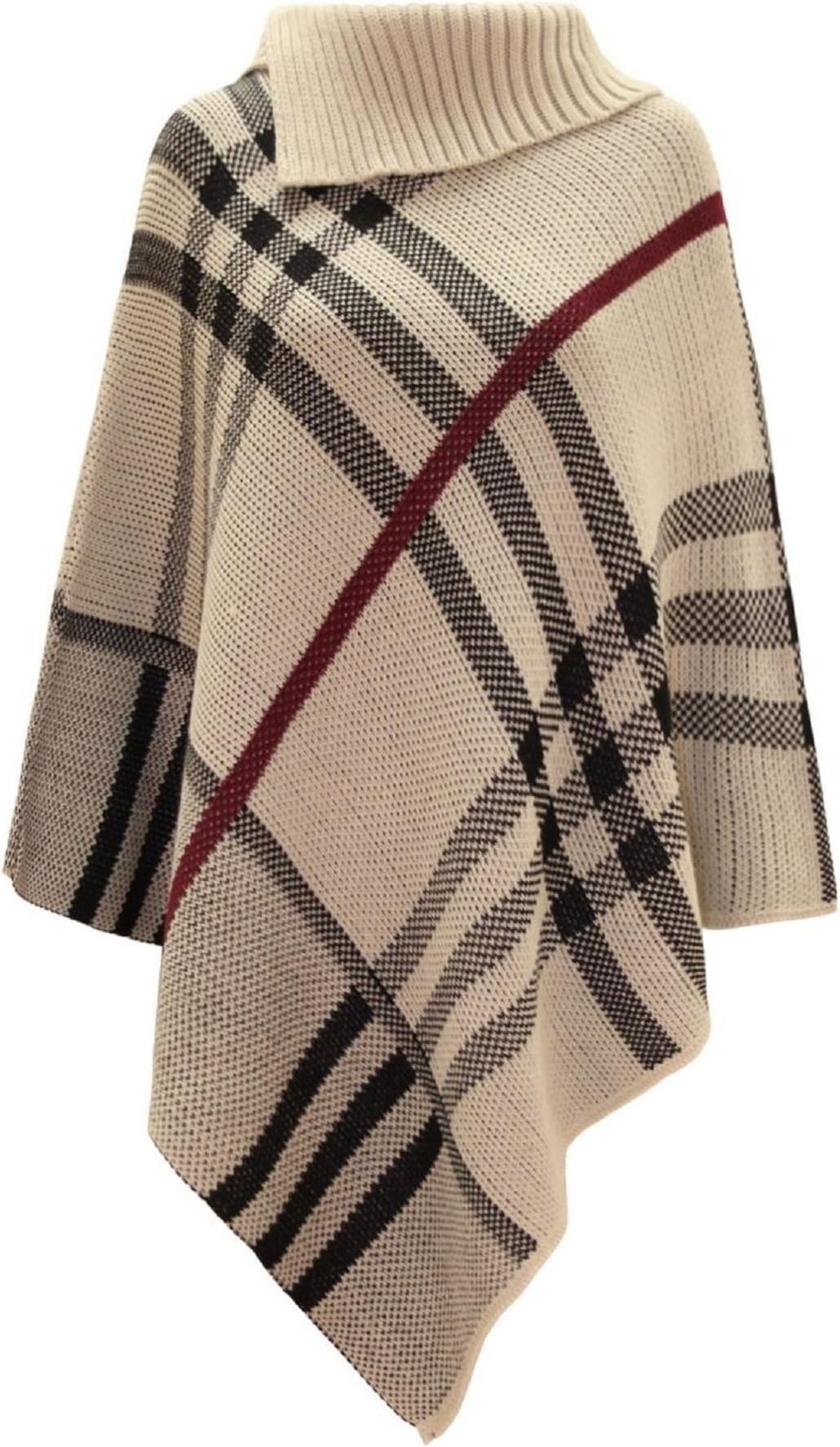 JZ Clothes Women's Checked Knitted Winter Poncho Red Band Wrap Shawl Cape