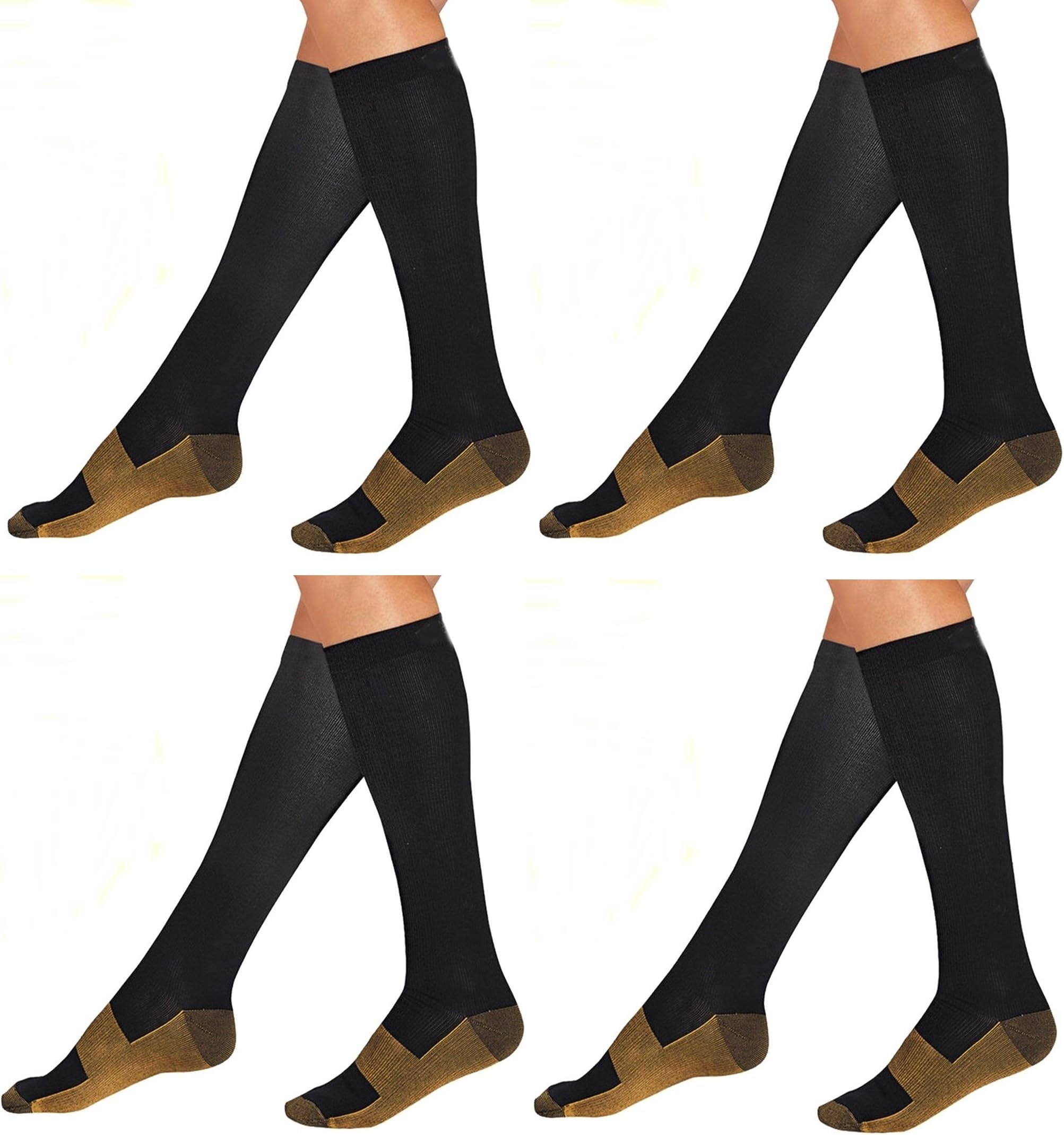 Bcurb Graduated Compression Socks (4 Pair) Calf High Men Women Support Stocking. (Black/Gold, "Large/X-Large")