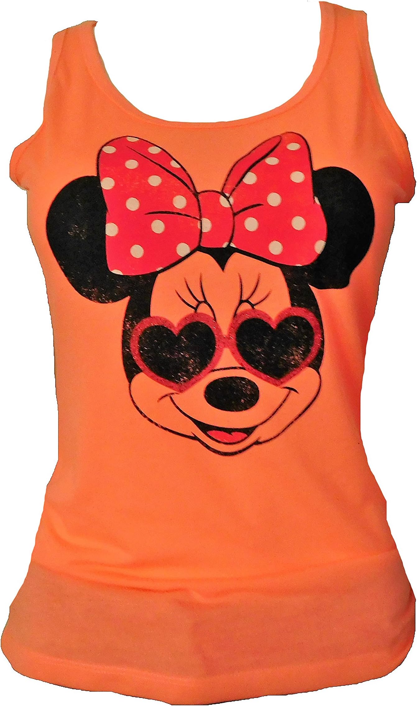 Disney Minnie Head with Heart Sunglasses Juniors Tank Top Shirt (L, Neon Orange)