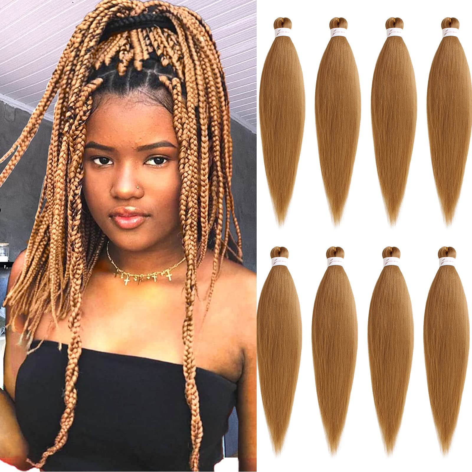 Xtrend 26 Inch 8 Packs Pre Stretched Braiding Hair Light Brown Braiding Hair Pre Stretched Yaki Texture Pre-stretched Braids Hair Professional Synthetic Hair Extension Itch Free Hot Water Setting 27#
