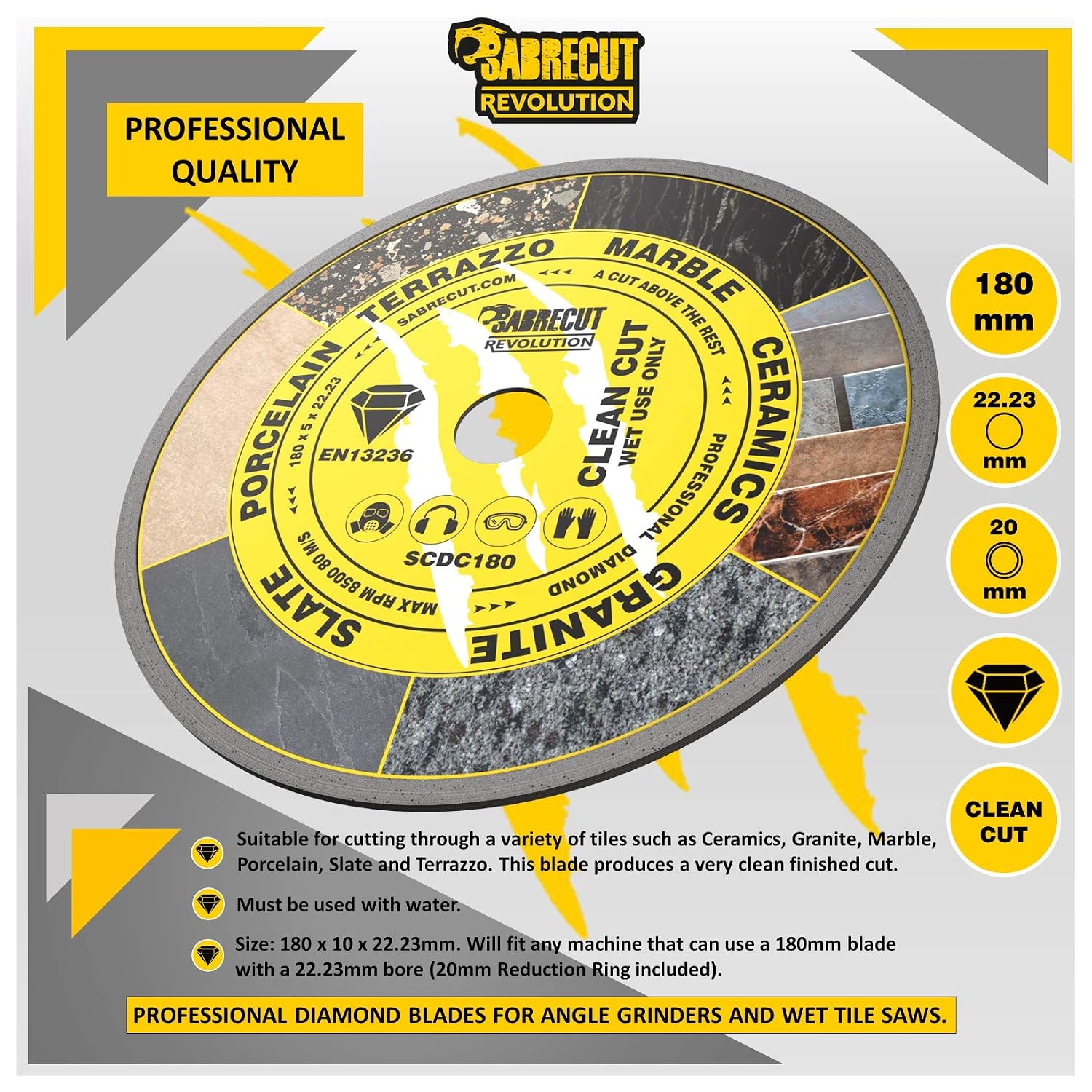 1 x SabreCut SCDC180 180mm (7 inch) x 5mm x 22.23mm Bore Continuous Rim Diamond Angle Grinder Circular Saw Blade - Image 3