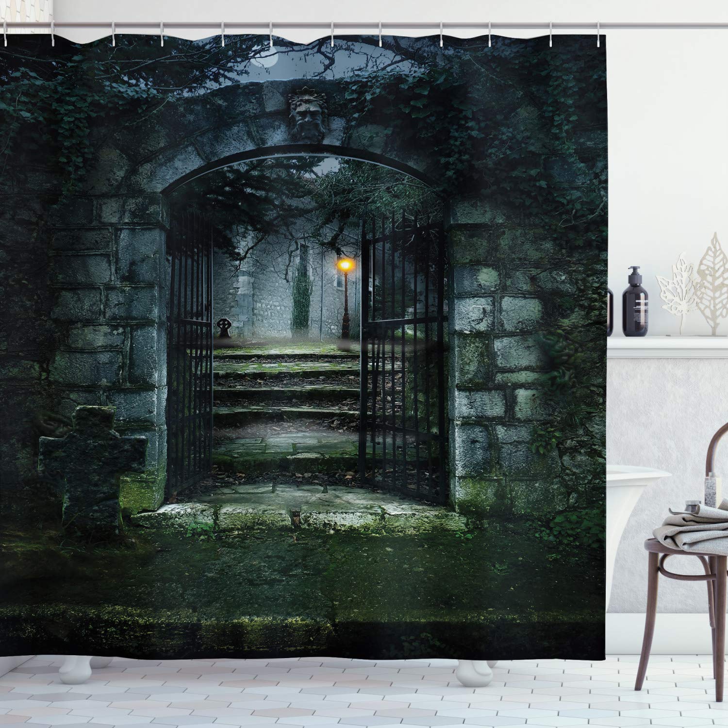 ABAKUHAUS Gothic Shower Curtain, Image of the Gate of a Dark Old Haunted House Cemetery Dead Myst Fiction Art Print, Cloth Fabric Bathroom Decor Set with Hooks, 94 Inches, Grey Green — image 1