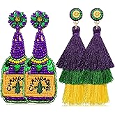 2 Pairs Mardi Gras Halloween Thanksgiving Earrings for Women Beaded Glitter Mask MARDI GRAS Fleur de Lis Earrings Tassel Dangle Fat Tuesday Carnival Parade Jewelry Gifts
