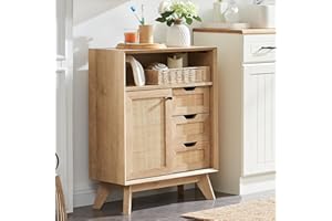 OKD Natural Rattan Bathroom Floor Cabinet, Modern Boho Storage Cabinet with Sliding Door & 3 Storage Drawers, Mid Century Small Freestanding Cabinet for Bathroom, Kitchen, Dining Room, Entryway