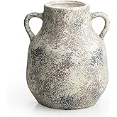 Rustic Ceramic Farmhouse Flower Round Vase with 2 Handles, Vintage Terra Cotta Vases, Decorative Pottery Ceramic Stone Vase for Home Decor, Living Room, Table, Shelf Decor, Mantel, 7.7 Inch