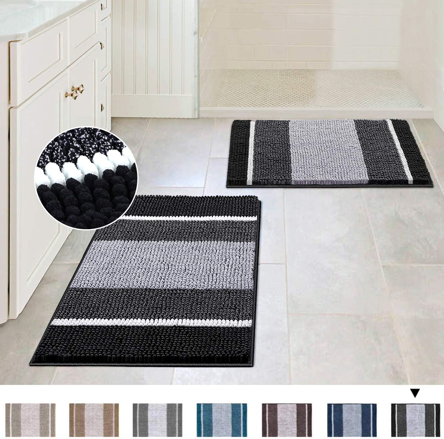 Extra Thick Chenille Striped Pattern Bath Rugs for Bathroom Non Slip - Soft Plush Shaggy Bath Mats for Bathroom Floor, Indoor Mats Rugs for Entryway (Navy, 32 x 20 Plus 24 x 17 - Inches): Home & Kitchen