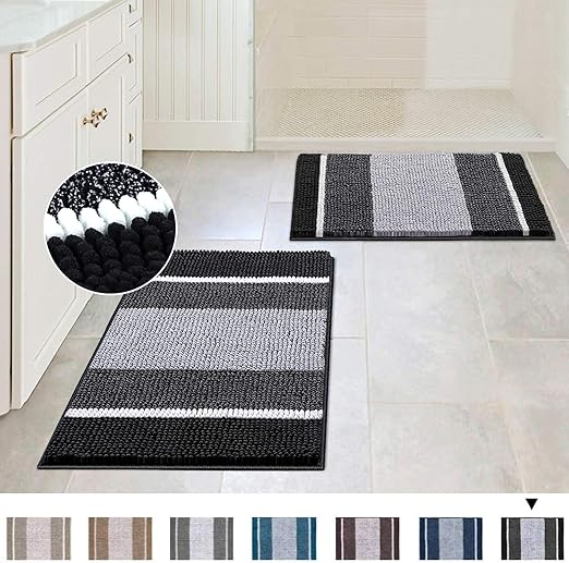 Amazon Com Original Shag Chenille Bath Rug For Bathroom Non Slip Ultra Thick And Soft Plush Striped Floor Mats Bath Rugs Set Microfiber Door Mats For Kitchen Pack 2 20 X 32 17 X 24