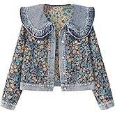 Xaspee Womens Peter Pan Collar Cropped Jean Jacket Embroidered Jacquard Long Sleeve Casual Floral Denim Jackets Coat